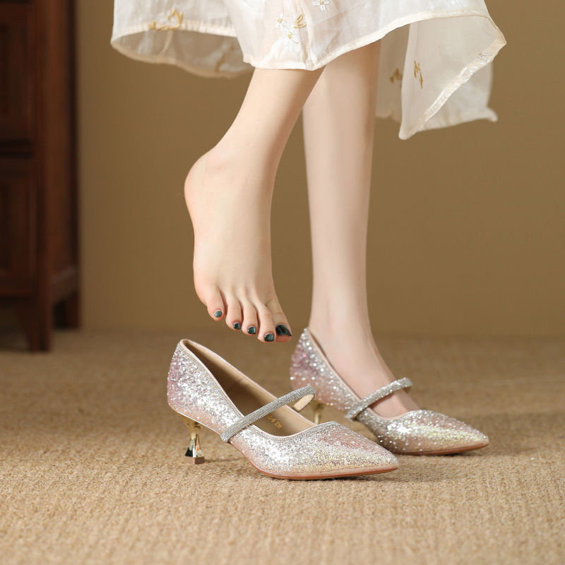 Vjenčane Mary Jane cipele s oštrim vrhom, tanak pet 6-8 cm, gumena potplata, PU uložak