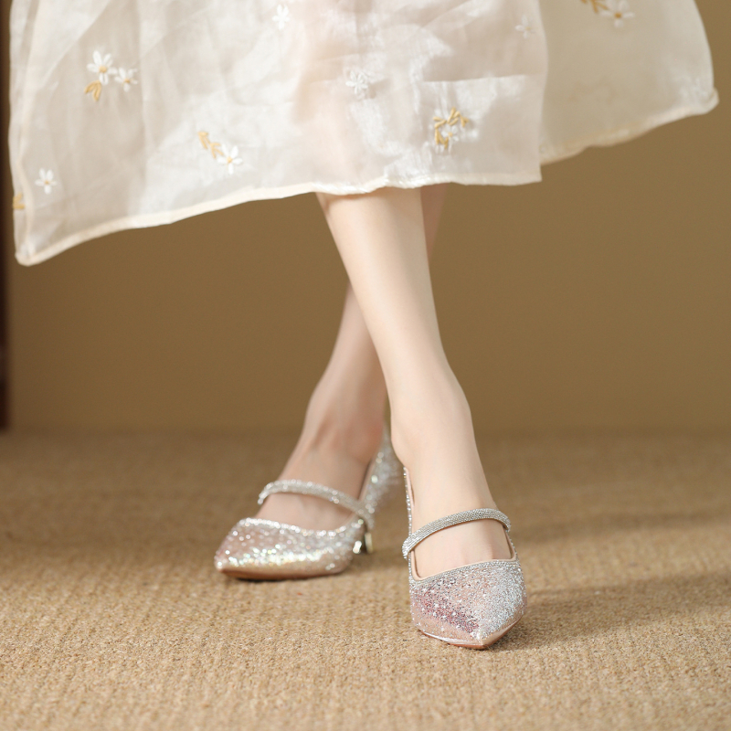 Vjenčane Mary Jane cipele s oštrim vrhom, tanak pet 6-8 cm, gumena potplata, PU uložak