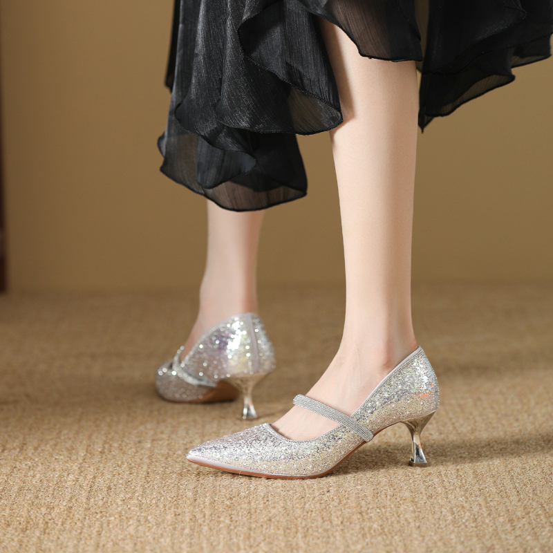 Vjenčane Mary Jane cipele s oštrim vrhom, tanak pet 6-8 cm, gumena potplata, PU uložak