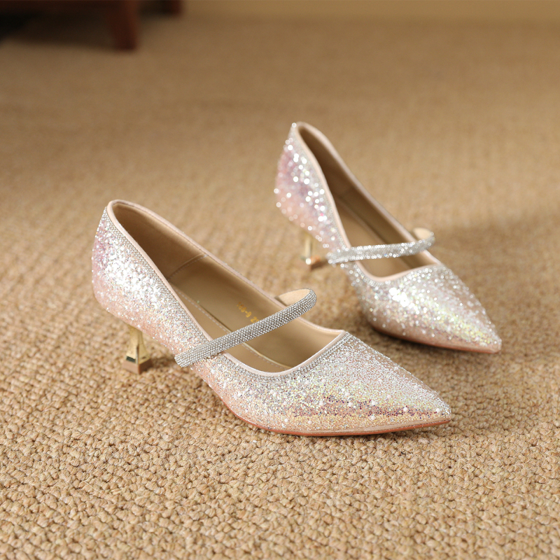 Vjenčane Mary Jane cipele s oštrim vrhom, tanak pet 6-8 cm, gumena potplata, PU uložak