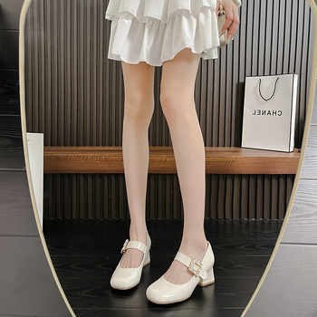 Pantofi Mary Jane pentru femei, vârf rotund, piele de vită cu două straturi, toc mediu 3–6 cm, închidere Velcro