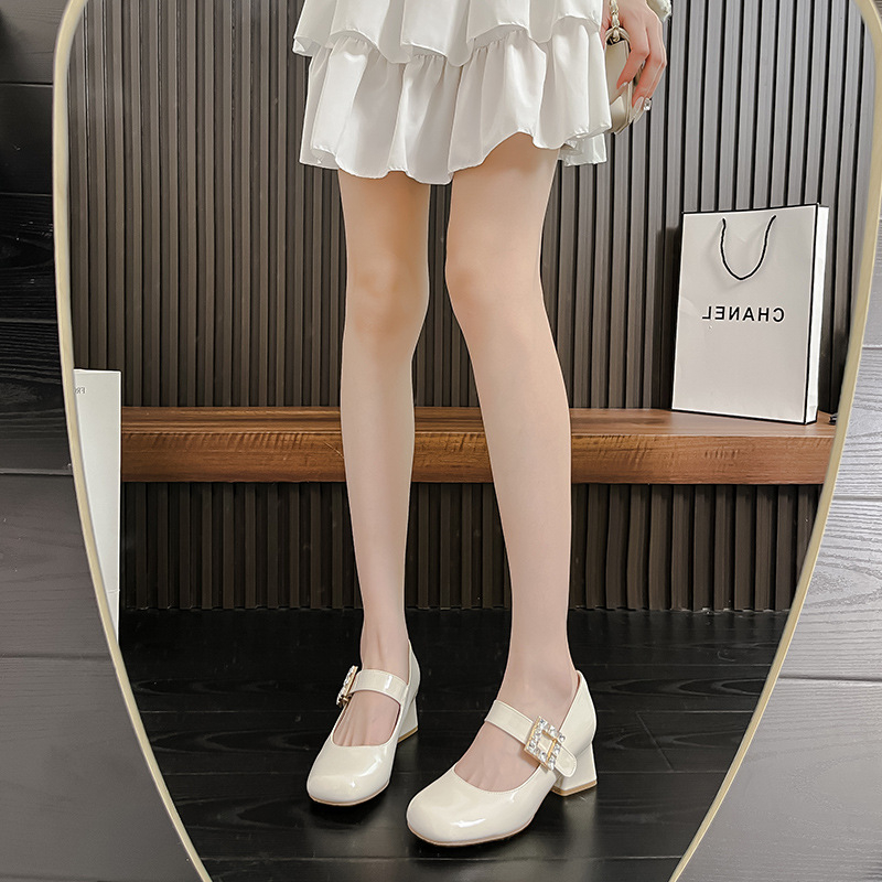 Pantofi Mary Jane pentru femei, vârf rotund, piele de vită cu două straturi, toc mediu 3–6 cm, închidere Velcro