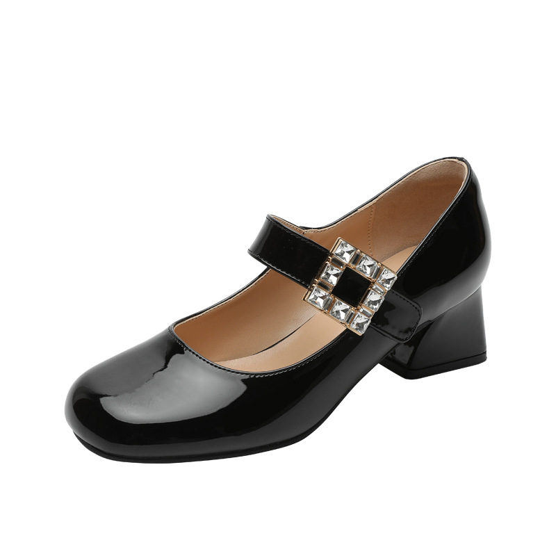 Pantofi Mary Jane pentru femei, vârf rotund, piele de vită cu două straturi, toc mediu 3–6 cm, închidere Velcro