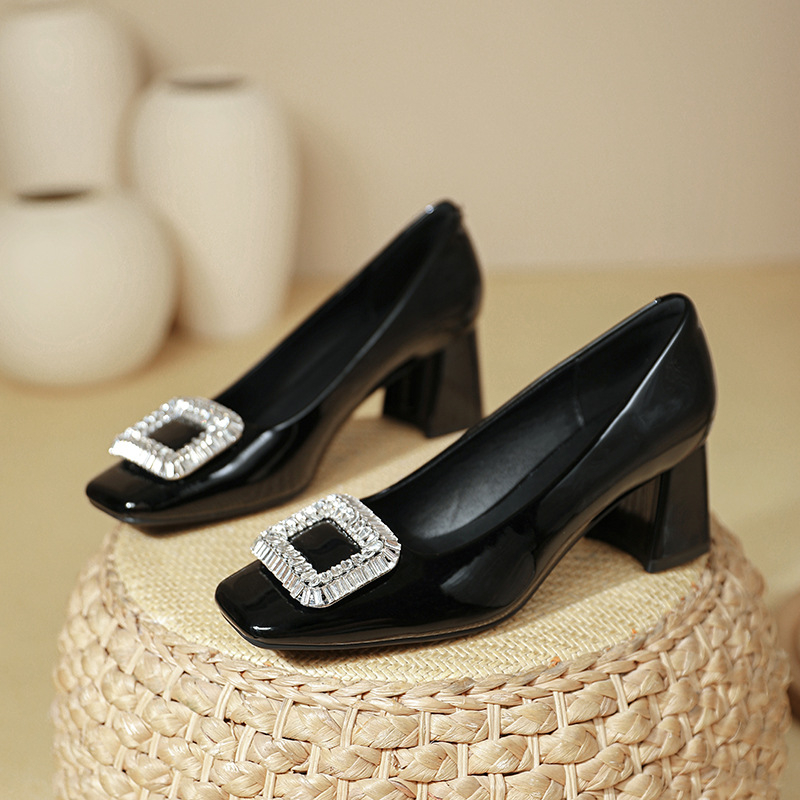 Ženske pumps koreanskog stila s kvadratnim vrhom i debelim petom, slip-on, PU ulošak, gumeni potplat, jesen 2025