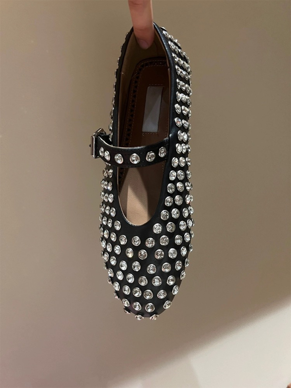 Pantofi Mary Jane din piele naturală, vârf rotund, cu strasuri, toc mic, interior microfibră