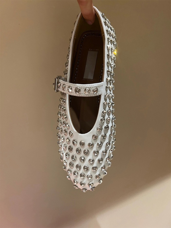 Pantofi Mary Jane din piele naturală, vârf rotund, cu strasuri, toc mic, interior microfibră