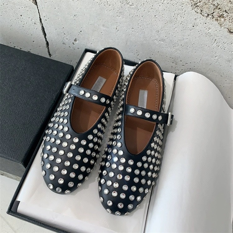 Pantofi Mary Jane din piele naturală, vârf rotund, cu strasuri, toc mic, interior microfibră