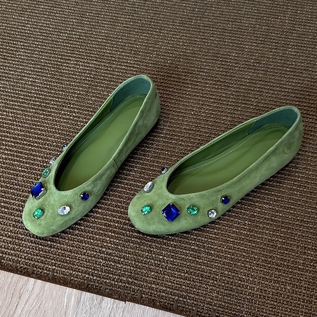 Ženske ravne cipele s okruglom prstom, gornji dio od baršuna, niski pet, slip-on, gumeni đon