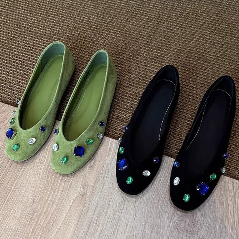 Ženske ravne cipele s okruglom prstom, gornji dio od baršuna, niski pet, slip-on, gumeni đon