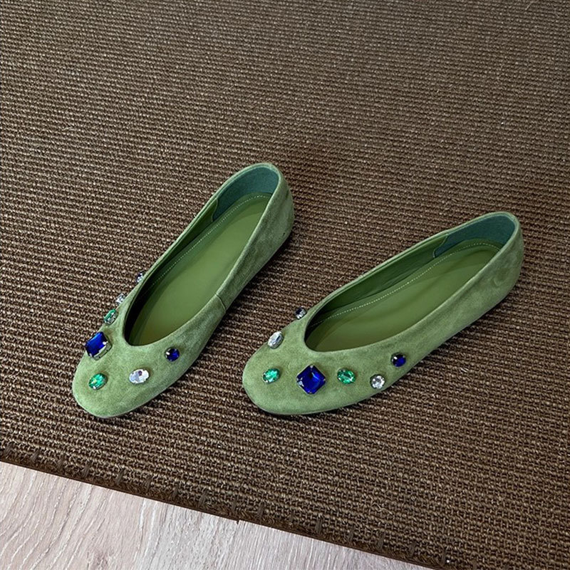 Ženske ravne cipele s okruglom prstom, gornji dio od baršuna, niski pet, slip-on, gumeni đon