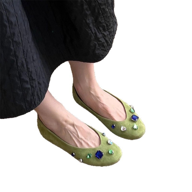 Ženske ravne cipele s okruglom prstom, gornji dio od baršuna, niski pet, slip-on, gumeni đon