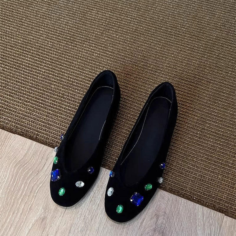 Ženske ravne cipele s okruglom prstom, gornji dio od baršuna, niski pet, slip-on, gumeni đon