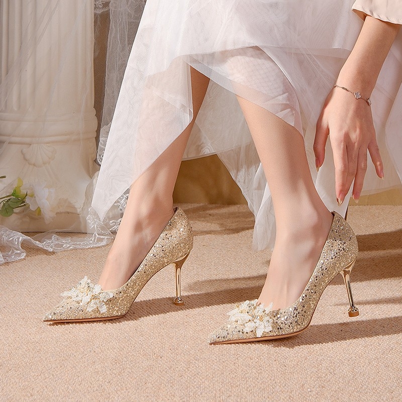 Pantofi de mireasă Psalto — Cristale, purtare în două moduri, vârf ascuțit, suprafață lucioasă, toc înalt 6–8 cm, PU bran, talpă TPR, pantofi pentru banchet