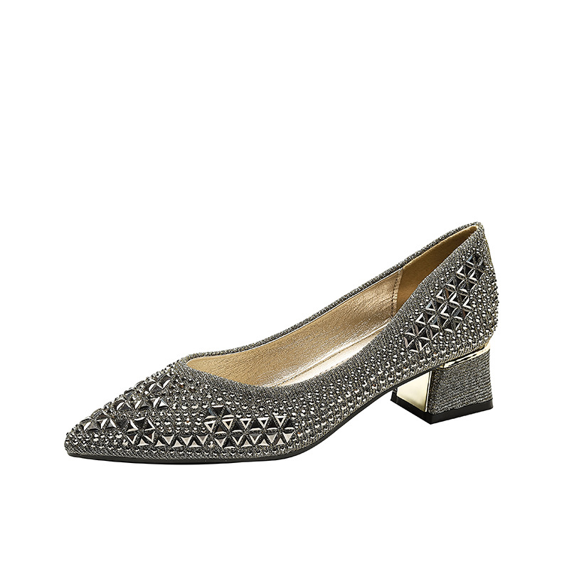 Pantofi dama satinati cu varf ascutit si toc gros, talpa din cauciuc, căptușeală din microfibră