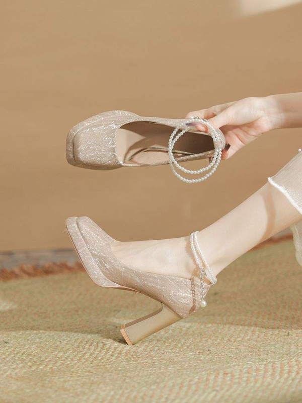 Pantofi Mary Jane pentru mireasă, toc mic sub 3 cm, partea superioară PU, branț PU, talpă din cauciuc