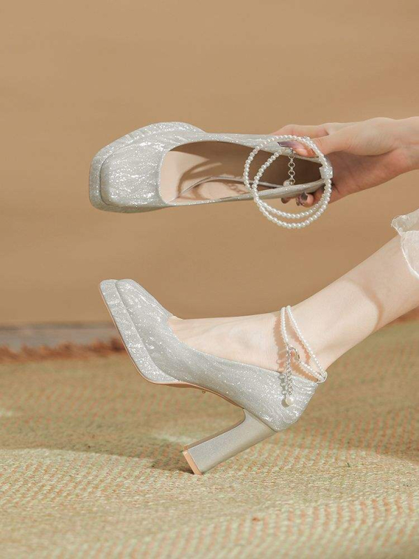 Pantofi Mary Jane pentru mireasă, toc mic sub 3 cm, partea superioară PU, branț PU, talpă din cauciuc