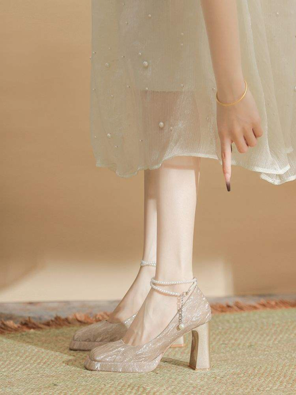 Pantofi Mary Jane pentru mireasă, toc mic sub 3 cm, partea superioară PU, branț PU, talpă din cauciuc