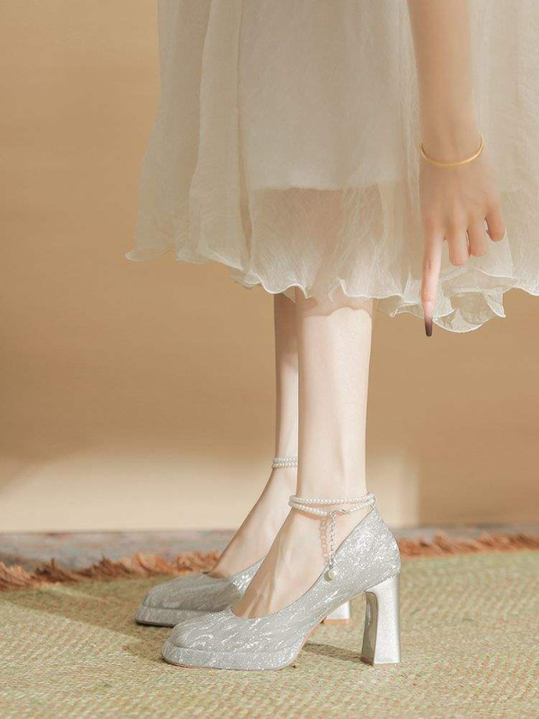 Pantofi Mary Jane pentru mireasă, toc mic sub 3 cm, partea superioară PU, branț PU, talpă din cauciuc