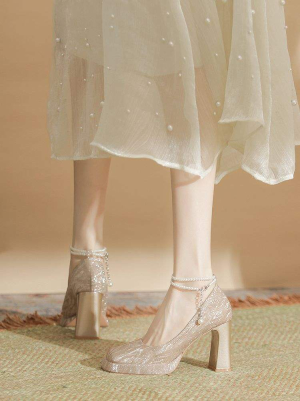 Pantofi Mary Jane pentru mireasă, toc mic sub 3 cm, partea superioară PU, branț PU, talpă din cauciuc