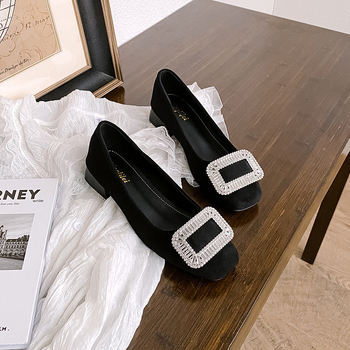 Pantofi dama cu toc mic, vârf pătrat, partea superioară din nubuk, 3–6 cm înălțime toc, stil coreean