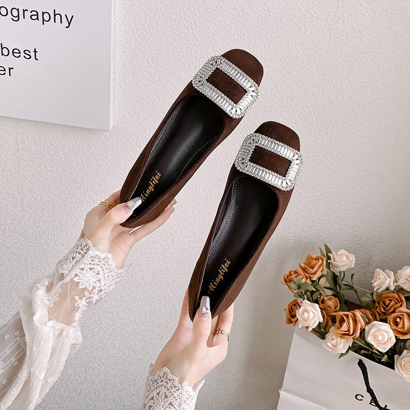 Pantofi dama cu toc mic, vârf pătrat, partea superioară din nubuk, 3–6 cm înălțime toc, stil coreean