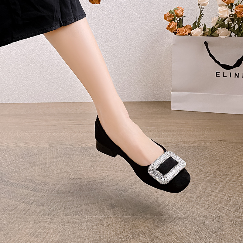 Pantofi dama cu toc mic, vârf pătrat, partea superioară din nubuk, 3–6 cm înălțime toc, stil coreean