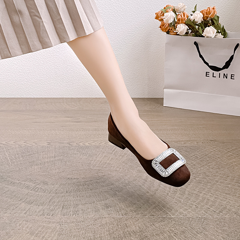 Pantofi dama cu toc mic, vârf pătrat, partea superioară din nubuk, 3–6 cm înălțime toc, stil coreean