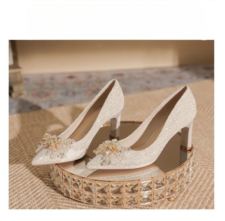 Pantofi de nuntă cu toc înalt, vârf rotund, partea superioară PU, toc gros de 6–8 cm, slip-on