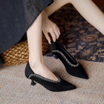 Pantofi cu toc înalt pentru femei, vârf ascuțit, din suede, toc în formă de pahar, 3-6 cm, culoare solidă