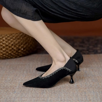 Pantofi cu toc înalt pentru femei, vârf ascuțit, din suede, toc în formă de pahar, 3-6 cm, culoare solidă