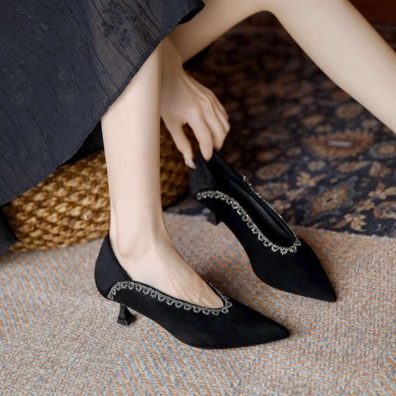 Pantofi cu toc înalt pentru femei, vârf ascuțit, din suede, toc în formă de pahar, 3-6 cm, culoare solidă