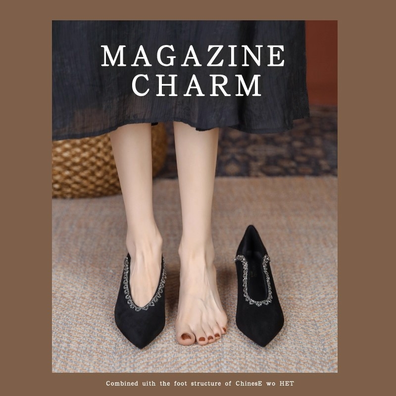 Pantofi cu toc înalt pentru femei, vârf ascuțit, din suede, toc în formă de pahar, 3-6 cm, culoare solidă