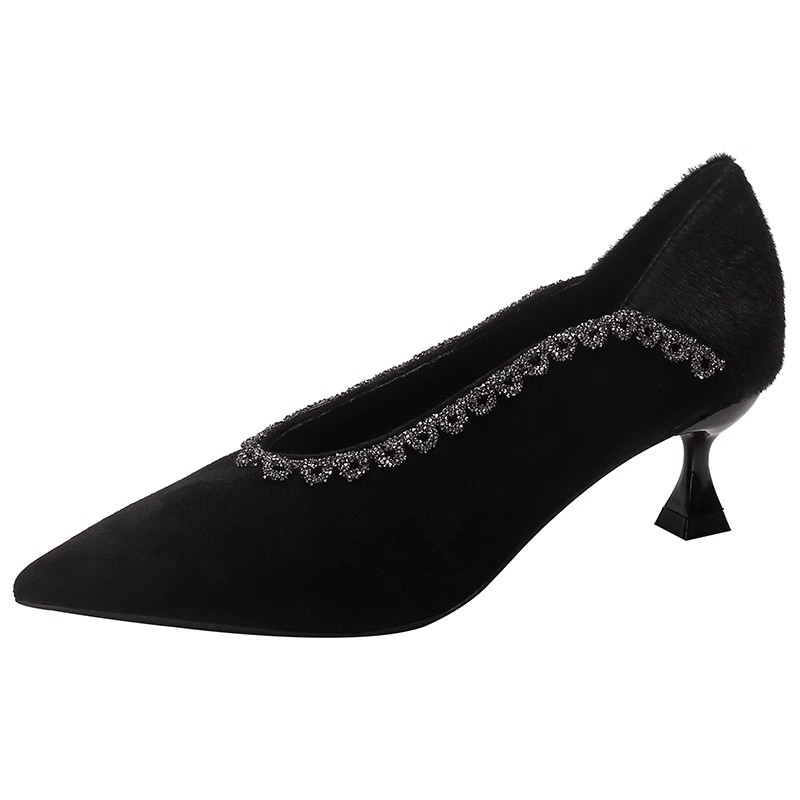 Pantofi cu toc înalt pentru femei, vârf ascuțit, din suede, toc în formă de pahar, 3-6 cm, culoare solidă