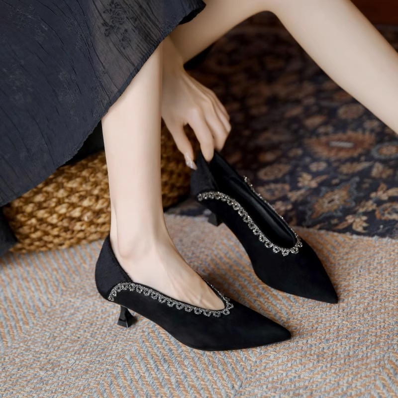 Pantofi cu toc înalt pentru femei, vârf ascuțit, din suede, toc în formă de pahar, 3-6 cm, culoare solidă