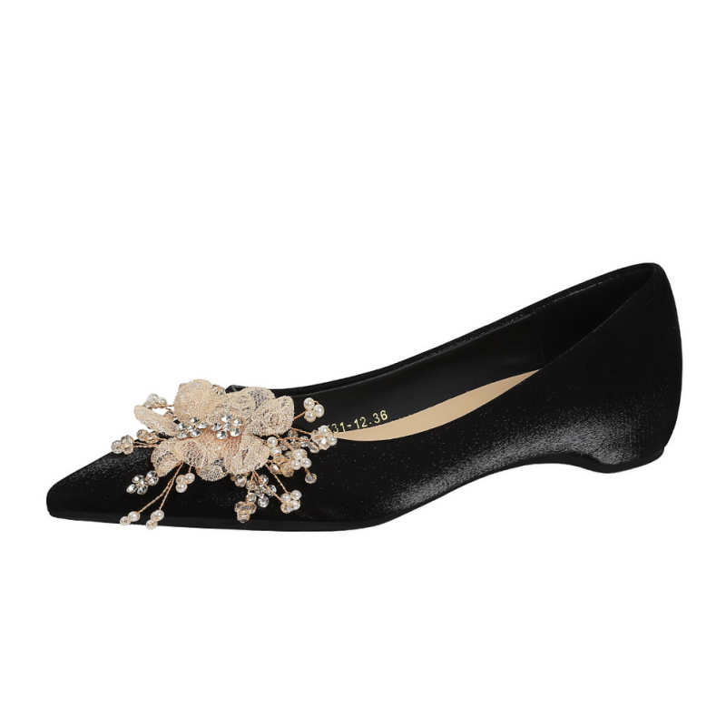 Satenske banket cipele za žene, s rhinestone cvjetnom ukrasom, šiljatim vrhom, niski potplat, slip-on