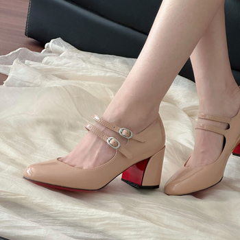 Pantofi Mary Jane cu toc înalt, cataramă, vârf rotund, toc gros 6-8 cm, talpă din cauciuc, stil de toamnă pentru femei