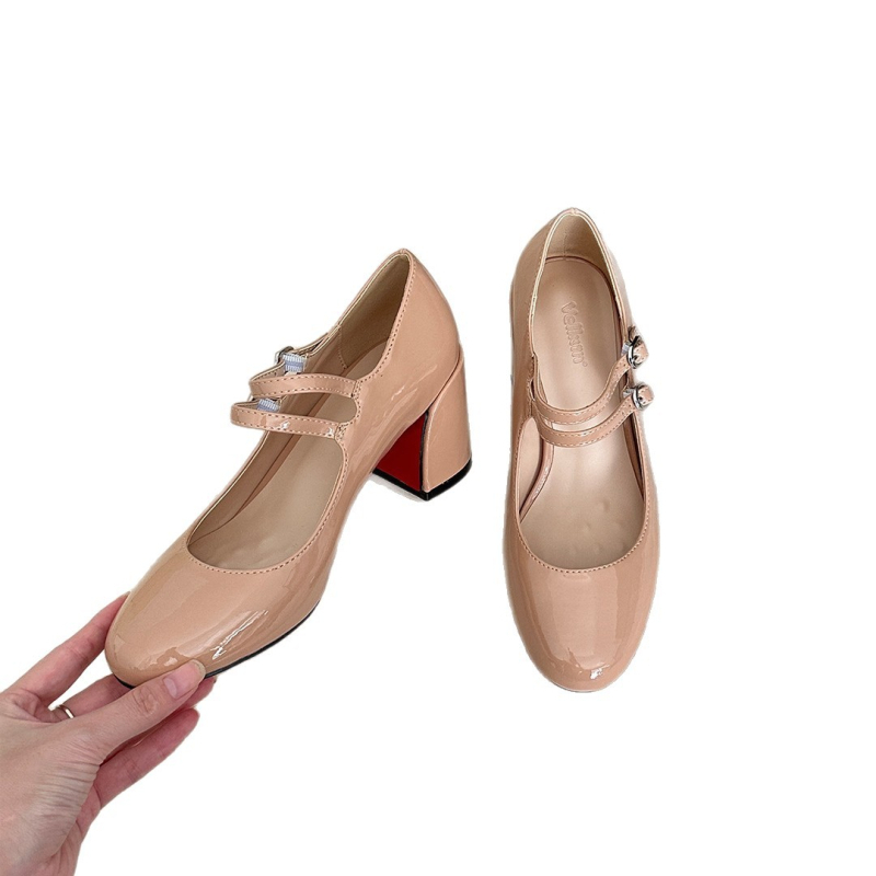 Pantofi Mary Jane cu toc înalt, cataramă, vârf rotund, toc gros 6-8 cm, talpă din cauciuc, stil de toamnă pentru femei