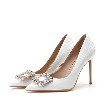 Pantofi cu toc înalt din cristal, model pătrat în carouri, cataramă pătrată cu strasuri, pentru un look office