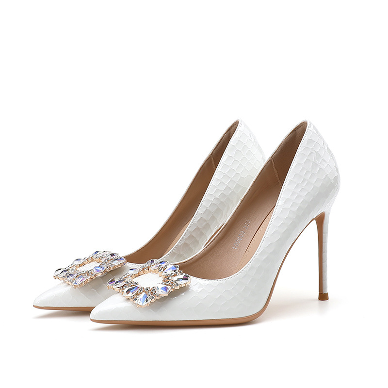 Pantofi cu toc înalt din cristal, model pătrat în carouri, cataramă pătrată cu strasuri, pentru un look office