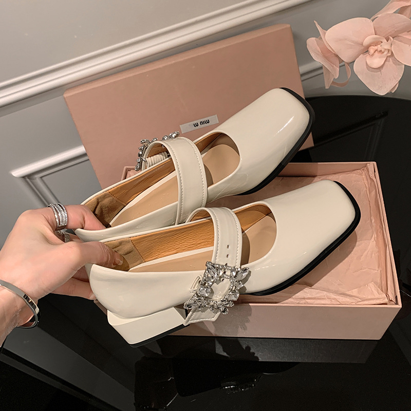 Pantofi Mary Jane, vârf pătrat, toc mediu 3-5 cm, toc gros, partea superioară din microfibră