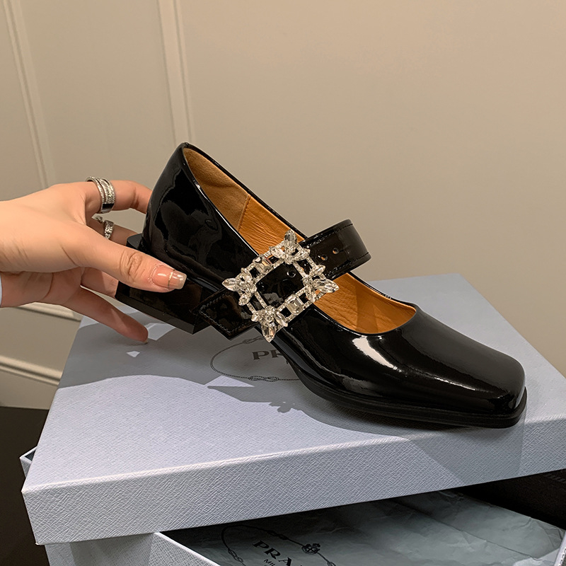 Pantofi Mary Jane, vârf pătrat, toc mediu 3-5 cm, toc gros, partea superioară din microfibră