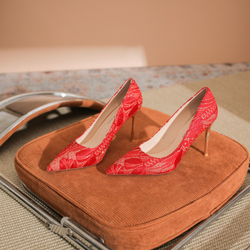 Pantofi de toc înalt, vârf ascuțit, din microfibră, model floral, toc cui subțire, înălțime toc peste 8 cm