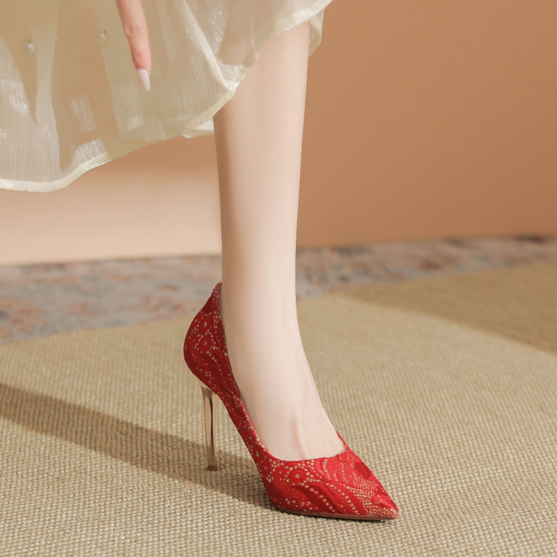 Pantofi de toc înalt, vârf ascuțit, din microfibră, model floral, toc cui subțire, înălțime toc peste 8 cm