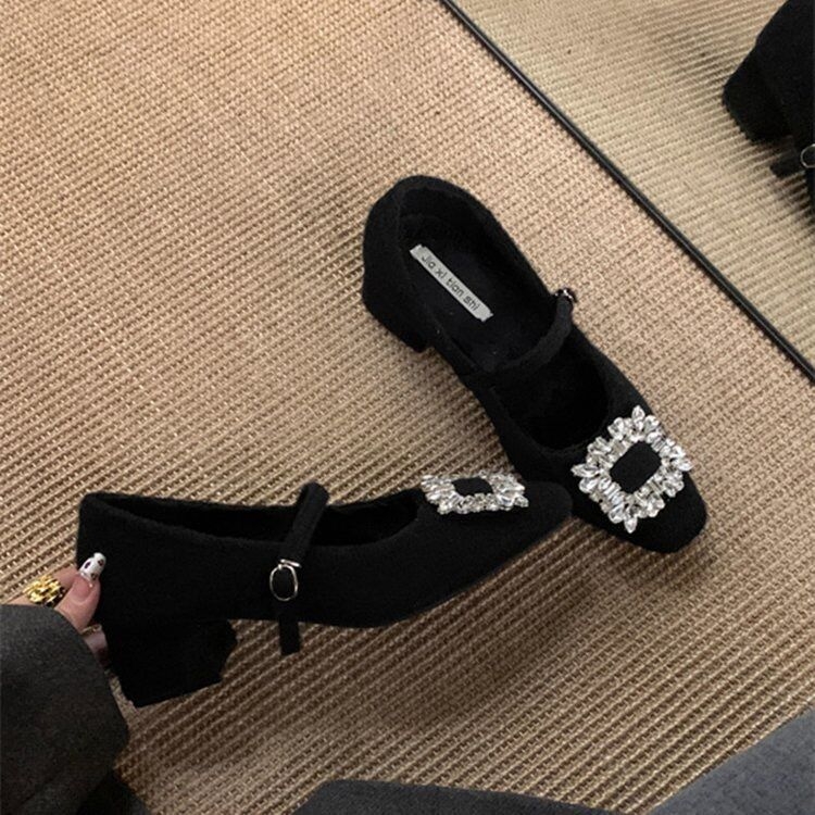 Ženske Mary Jane cipele s kvadratnim vrhom, PU unutrašnjost, plišasti ulošak, niski pet, gumeni potplat