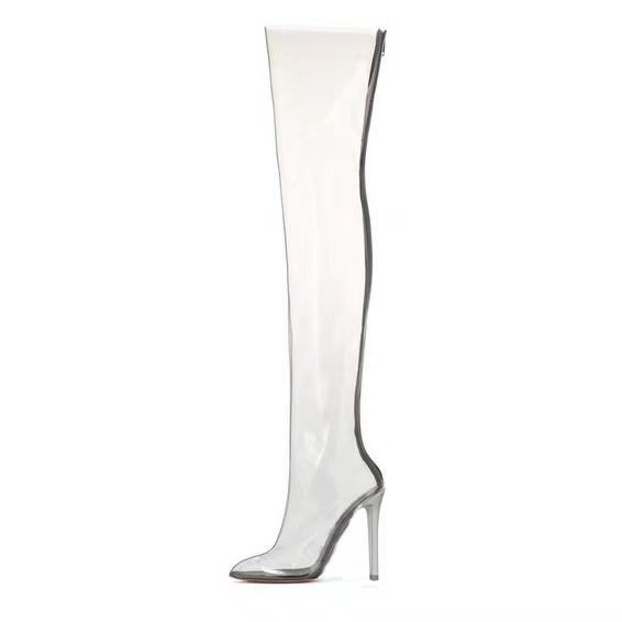 Botine dama cu toc înalt, exterior TPU transparent cu cristale, vârf ascuțit, spate fermoar, toc peste 8 cm
