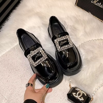 Loafers cu cataramă pătrată cu cristale, vârf rotund, fără șireturi, piele sintetică