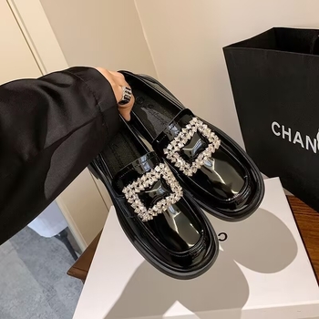 Loafers cu cataramă pătrată cu cristale, vârf rotund, fără șireturi, piele sintetică