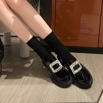 Loafers cu cataramă pătrată cu cristale, vârf rotund, fără șireturi, piele sintetică