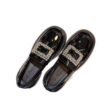 Loafers cu cataramă pătrată cu cristale, vârf rotund, fără șireturi, piele sintetică