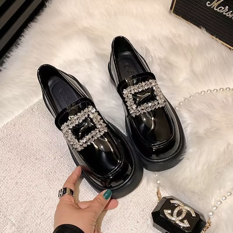 Loafers cu cataramă pătrată cu cristale, vârf rotund, fără șireturi, piele sintetică